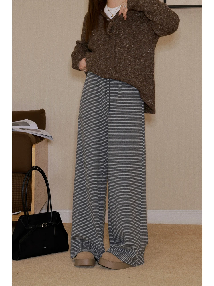 

Женские брюки с высокой талией, прямые, широкие, в полоску, больших размеров, удобные для повседневной носки, осенне-зимние, повседневные.