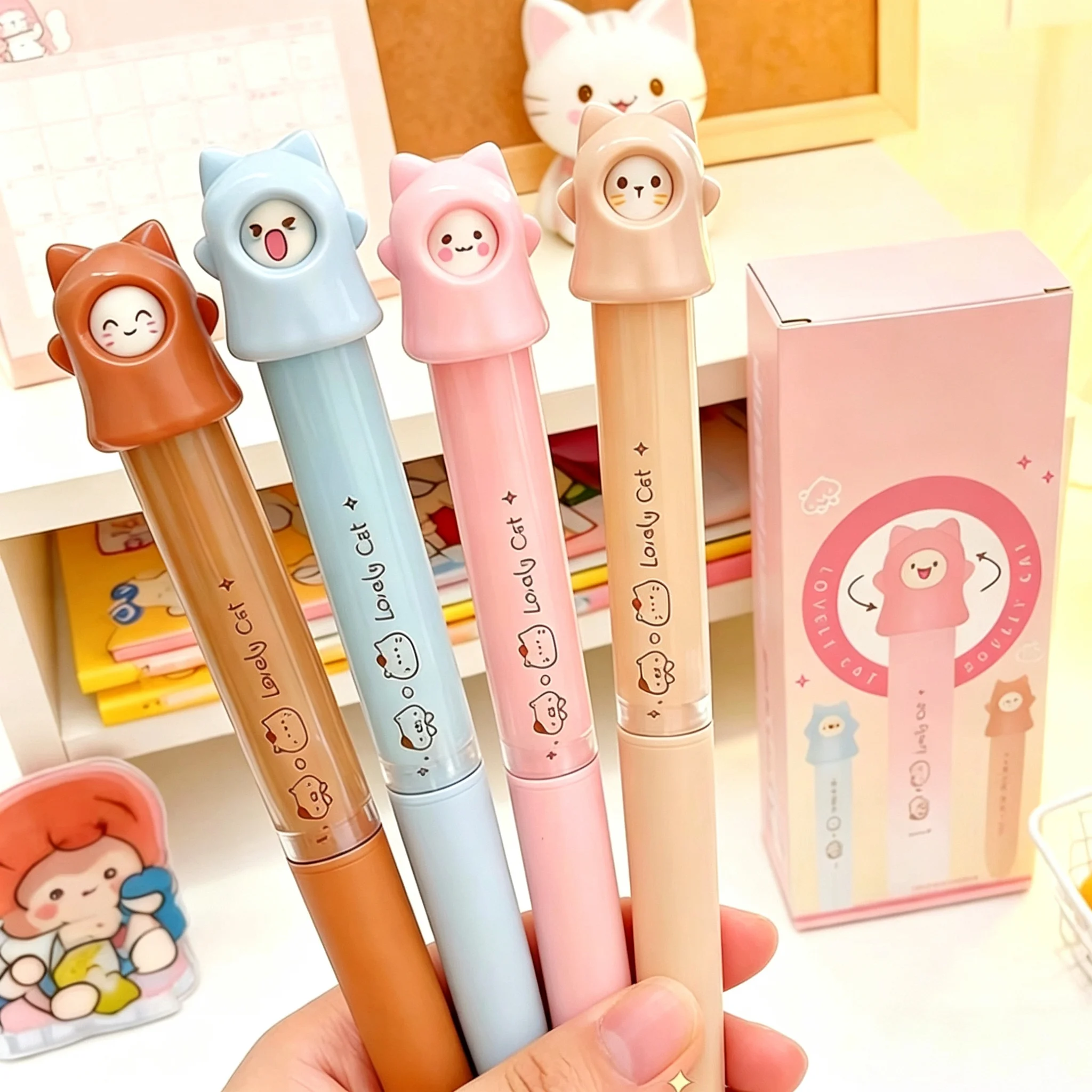 4Pcs/Set Lovely Cat Gel Pens 0.5mm Black Ink Neutral Pen Smooth Writing Rotating Gel Pen Funny Stationery School Student Supply