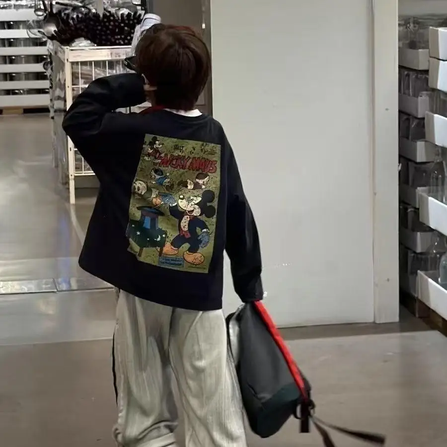 

Spring Autumn Children's Long-sleeved T-Shirts Cartoon Mickey Kids Outfits Boys Girls Korean Loose Distressed Casual Tops