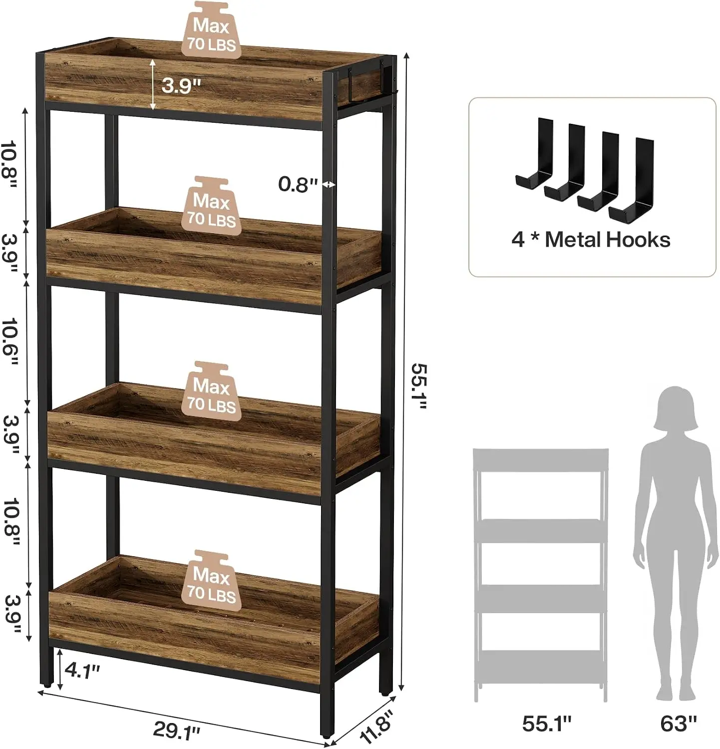 4-Tier Fruit and Vegetable Storage Rack Set of 4, Heavy-Duty Commercial Display Stand, Industrial Storage Shelf with Hooks for R