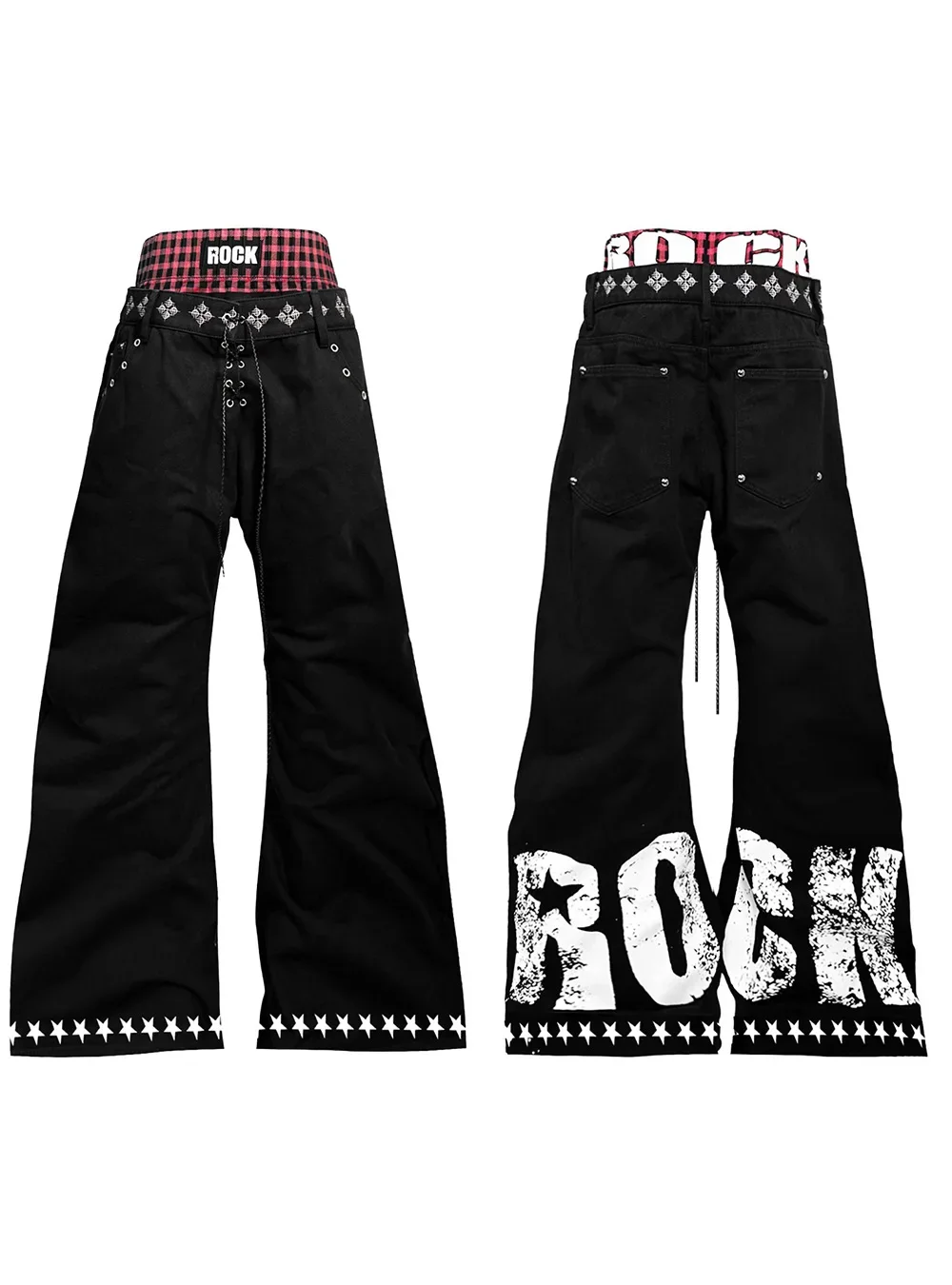 Harajuku Niche Double Waist Drawstring Scimitar Jeans Contrast Color Star Letter Printing Stacked Design Trousers Women's Pants