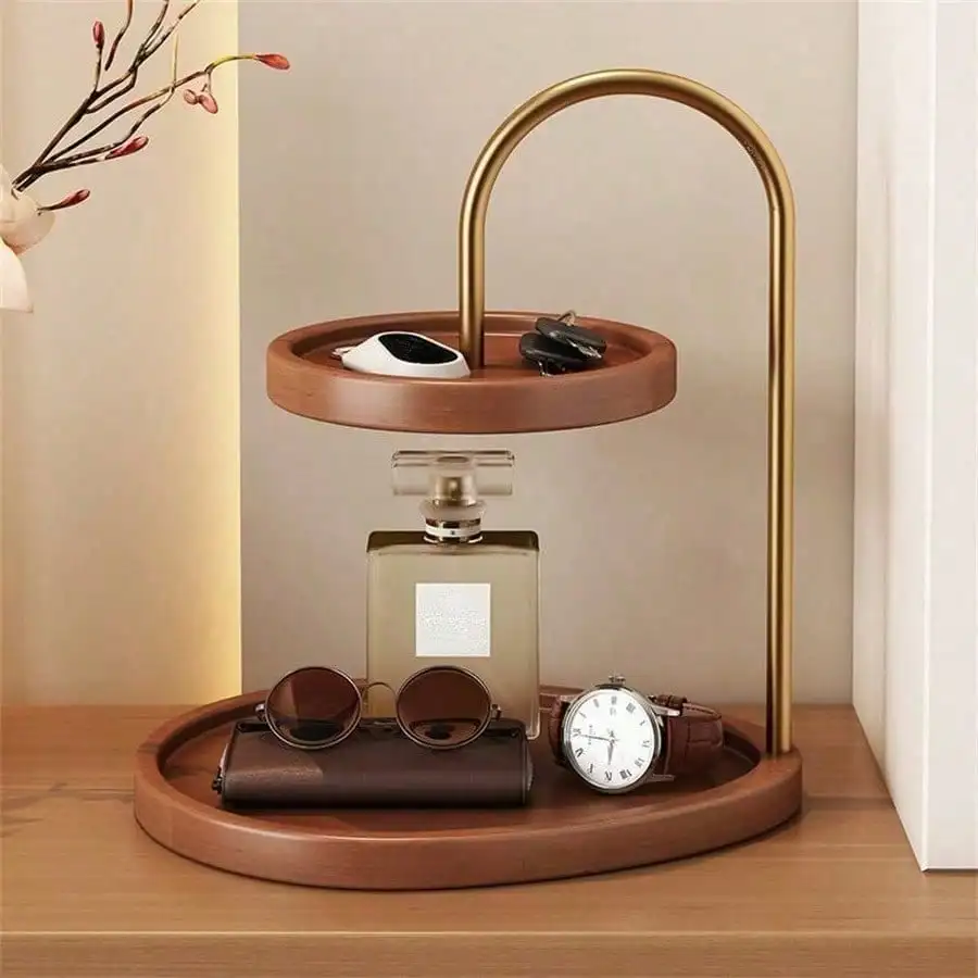 1Pc - 2-Layer Wooden Jewelry Storage Tray | Double-Layer Decorative Organizer, Multi-Purpose Dressing Tray, Suitable For Storing Perfumes, Watches, Keys, Cosmetics, Etc. Perfect For Displaying Jewelry In The Bathroom, Bedroom, Or Dressing Table.