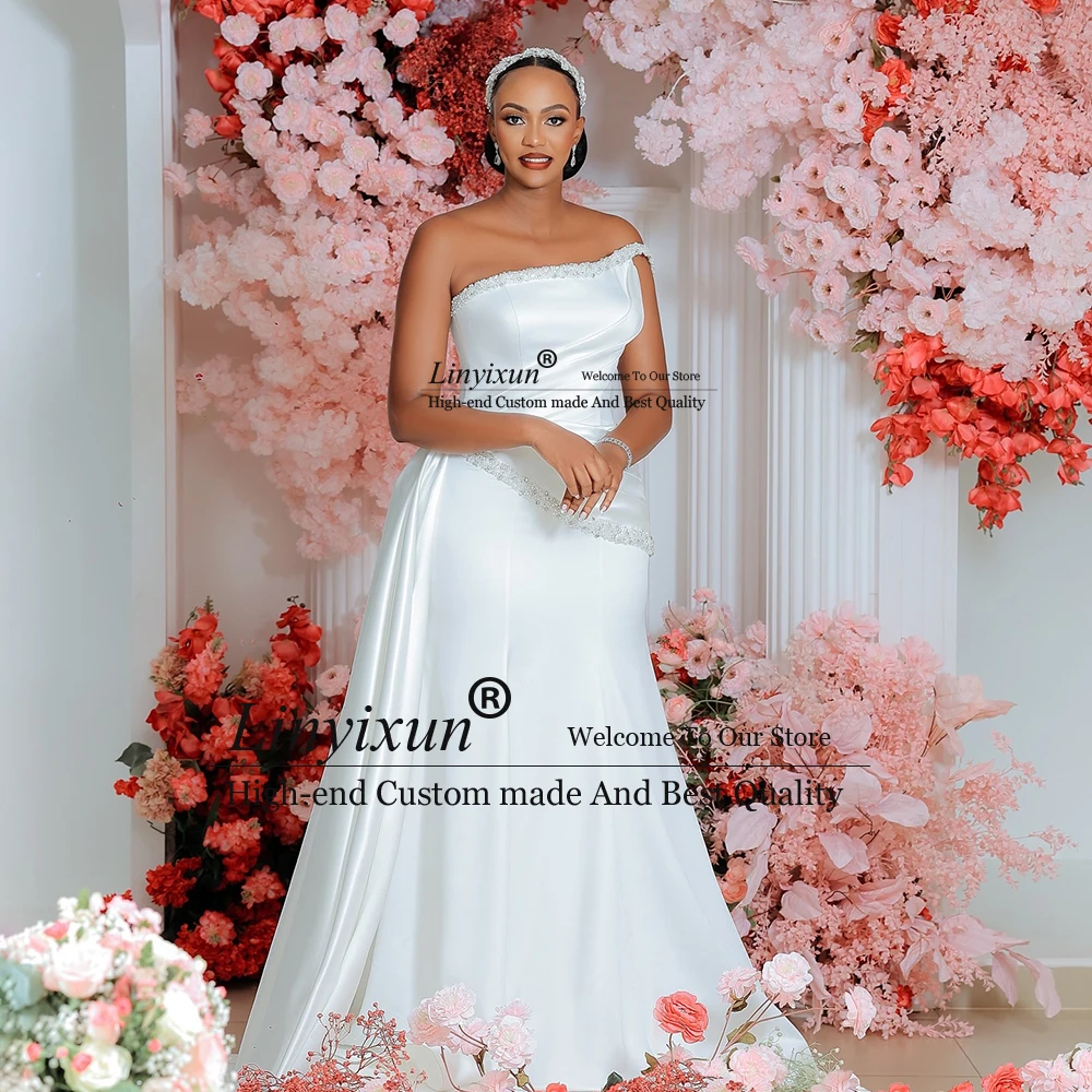 فساتين زفاف مثيرة مطرزة بالخرز 2025 بكتف واحد من الساتان حورية البحر زي العرائس مخصص بدون أكمام فيستدو دي نوفيا جونيكو