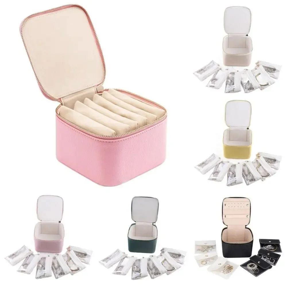 

New Portable Travel Jewelry Box PU Leather with 6/12pcs Small Pouches Jewelry Case Large Capacity Small Item Storage Box