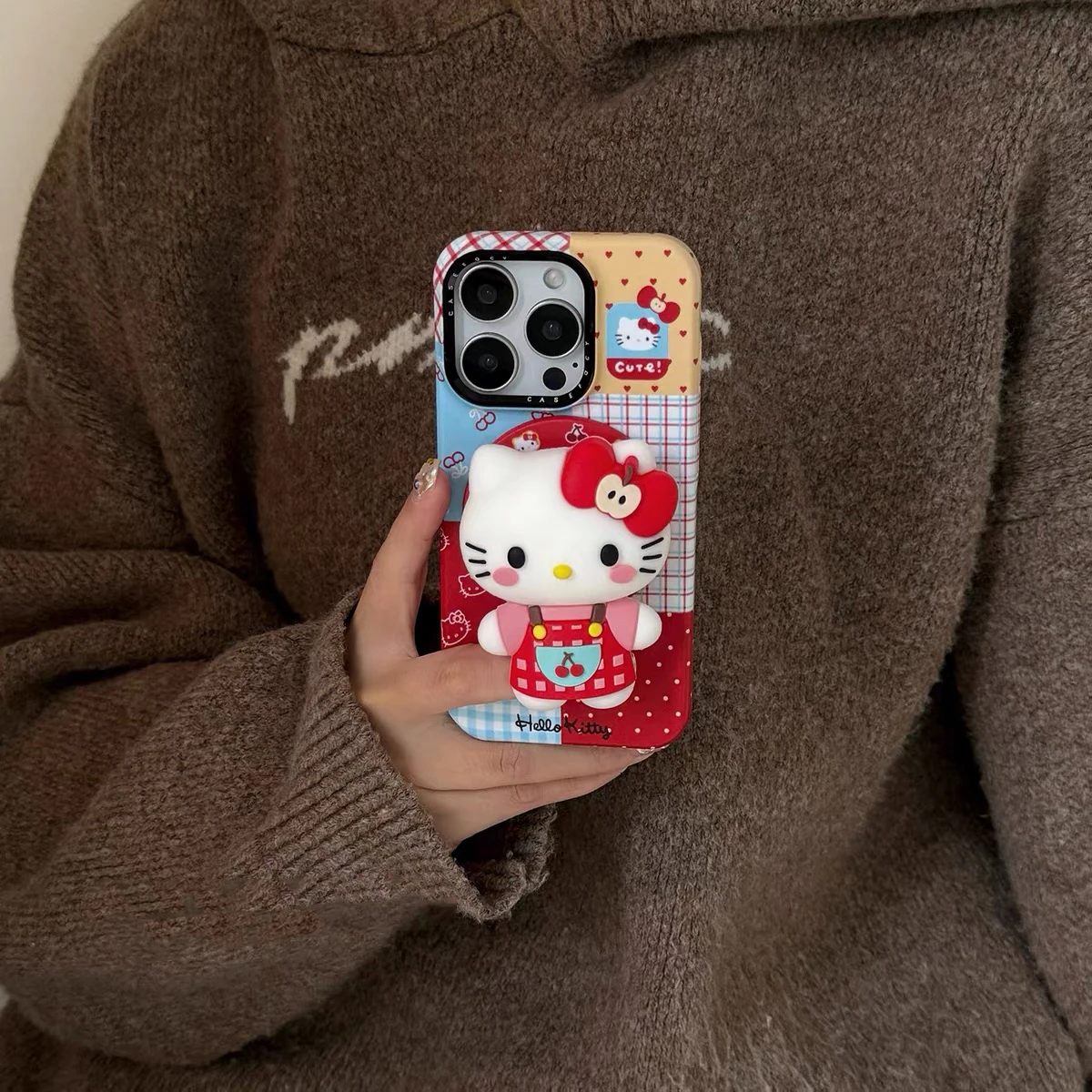 

Korea INS Plaid pattern 3D Hellokitty For Magsafe stand Phone case for iPhone 16 15 14 13 12 Pro Max cover Holder protection Cas