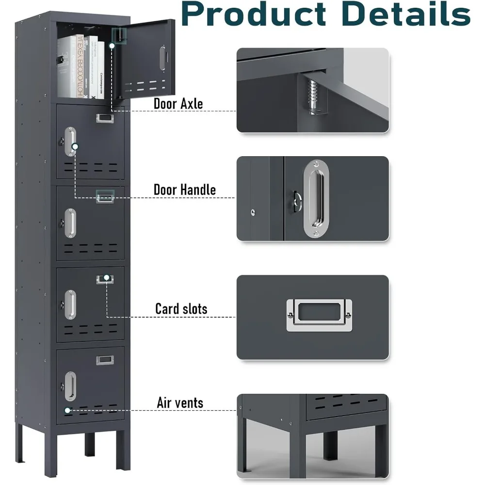 خزائن معدنية - خزانة فولاذية بارتفاع 66 بوصة، خزانة تخزين بـ 5 أبواب مع فتحة بطاقة للموظفين في صالة الألعاب الرياضية والمدرسة والمكتب المنزلي - Assem #3