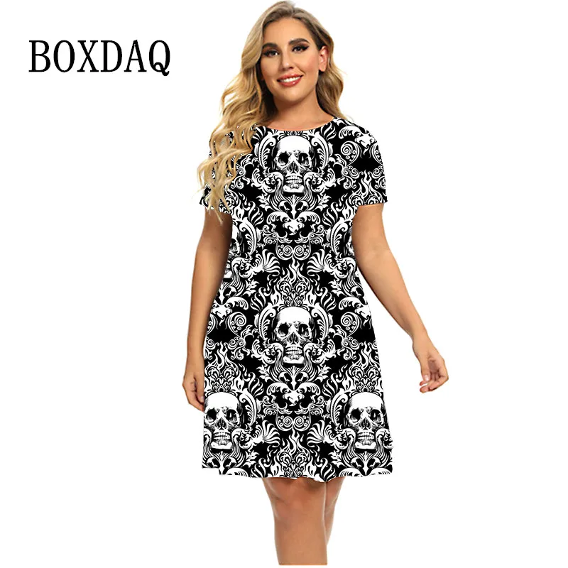 Fashion Gothic Style Terror White Skulls Dresses Women Bohemian Pattern 3D Print Dress Short Sleeve Loose Plus Size Clothing 6XL