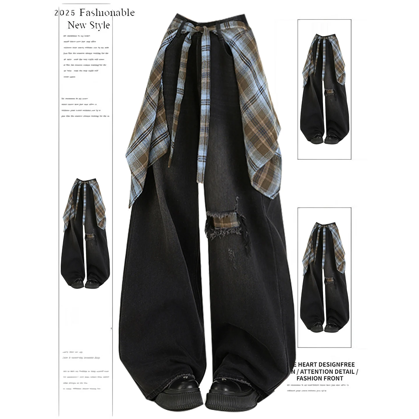 取り外し可能なハイウエストワイドレッグジーンズ女性のルーズストレートカットデニムパンツ秋の新作カジュアルウェアフェイクホールデザイン