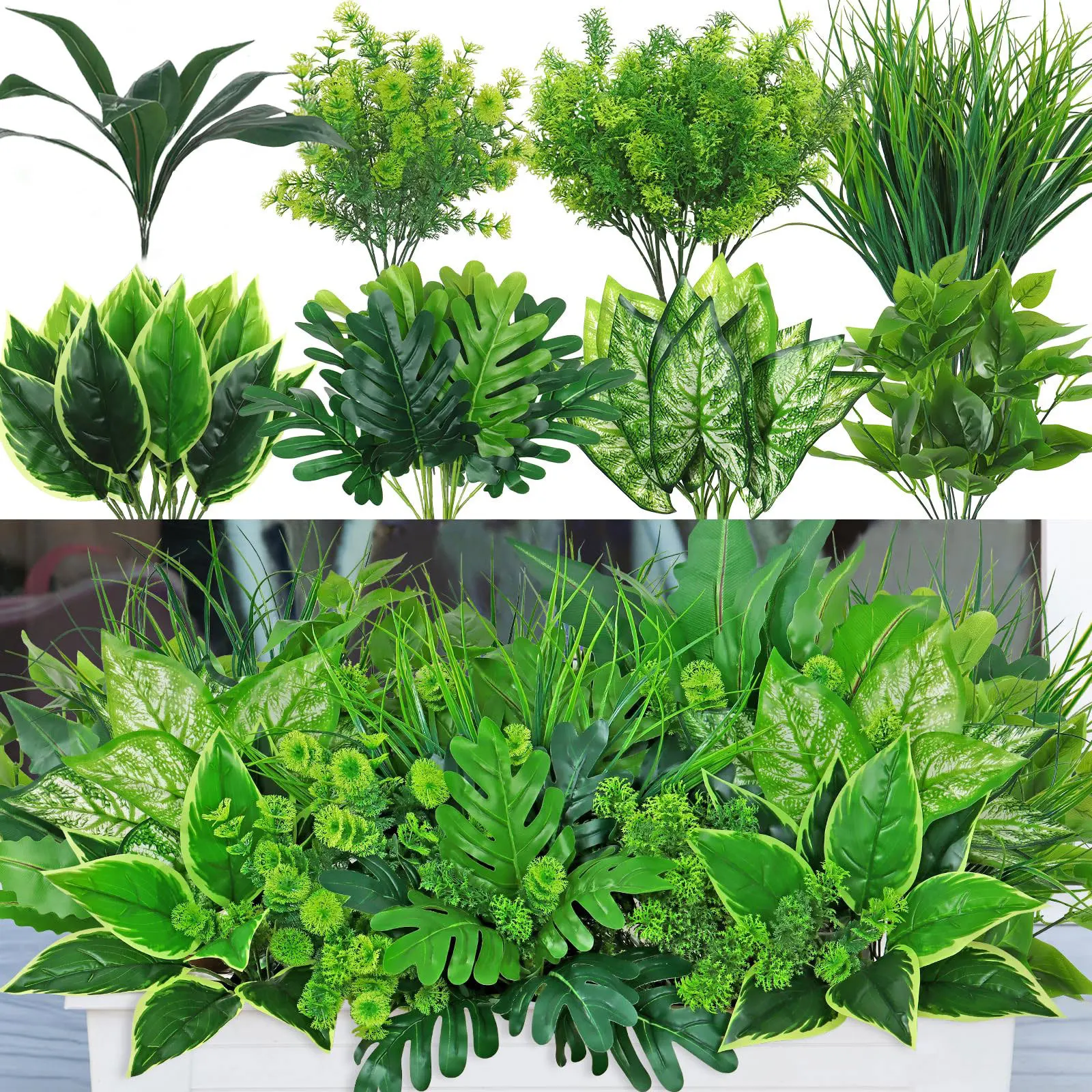 FU JIN Artificial Plastic Plants for Home Garden Decoration Fern Grass Wedding Wall Outdoor Decor Green Leaf Artificial Flowers