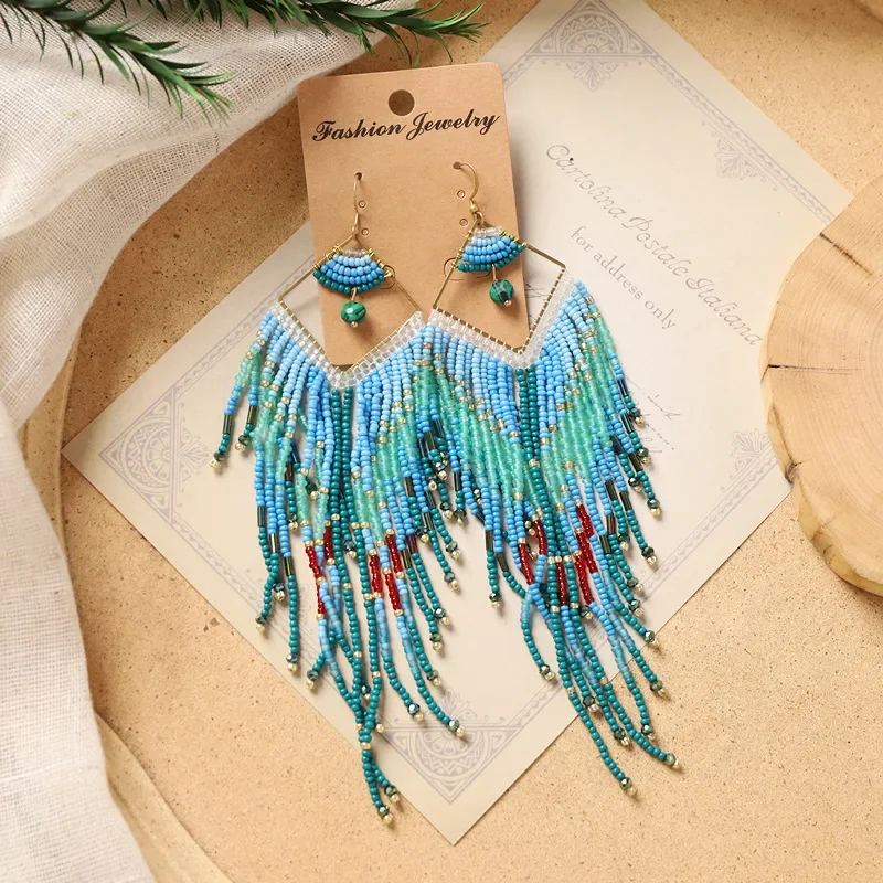 Rice bead earrings Tassel Gradient Pendant Geometry Hand knitting Bohemia Alloy Fashion Simple Beaded earrings