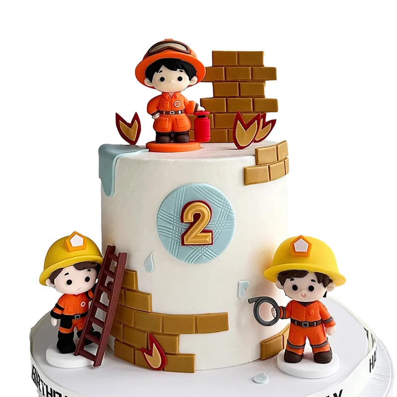 Firefighting Theme Cake Toppers Firefighter Fire Truck for Father's Day Boy Kids 1st Birthday Party Decorations Children's Day