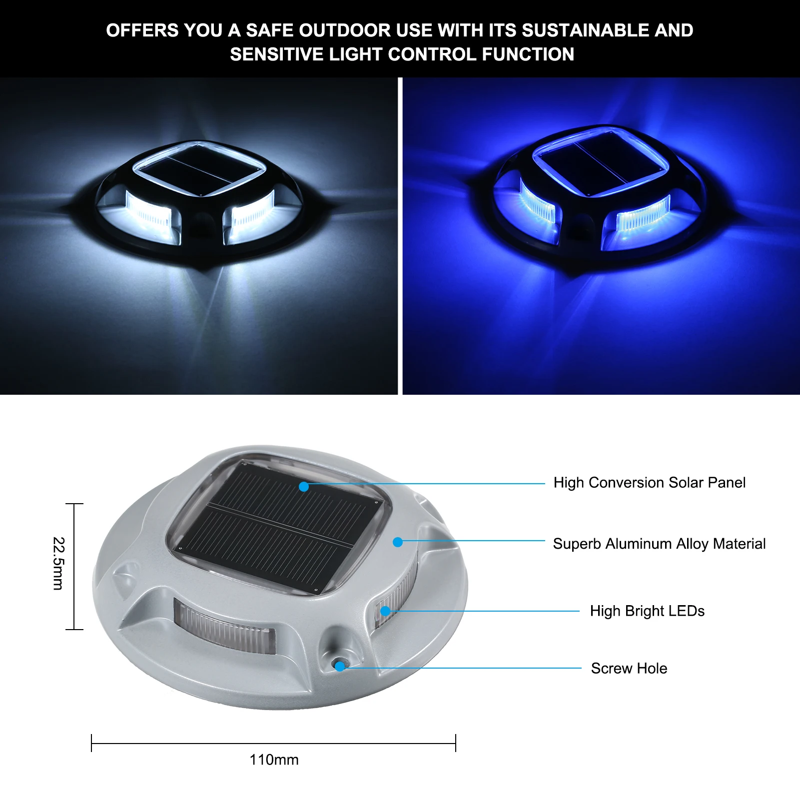 4PCS Solar Powered 8LEDs Ground Driveway Light Deck Lamp IP68 Waterproof Built-in 600mAh Rechargeable Cell Blue+White Switchable