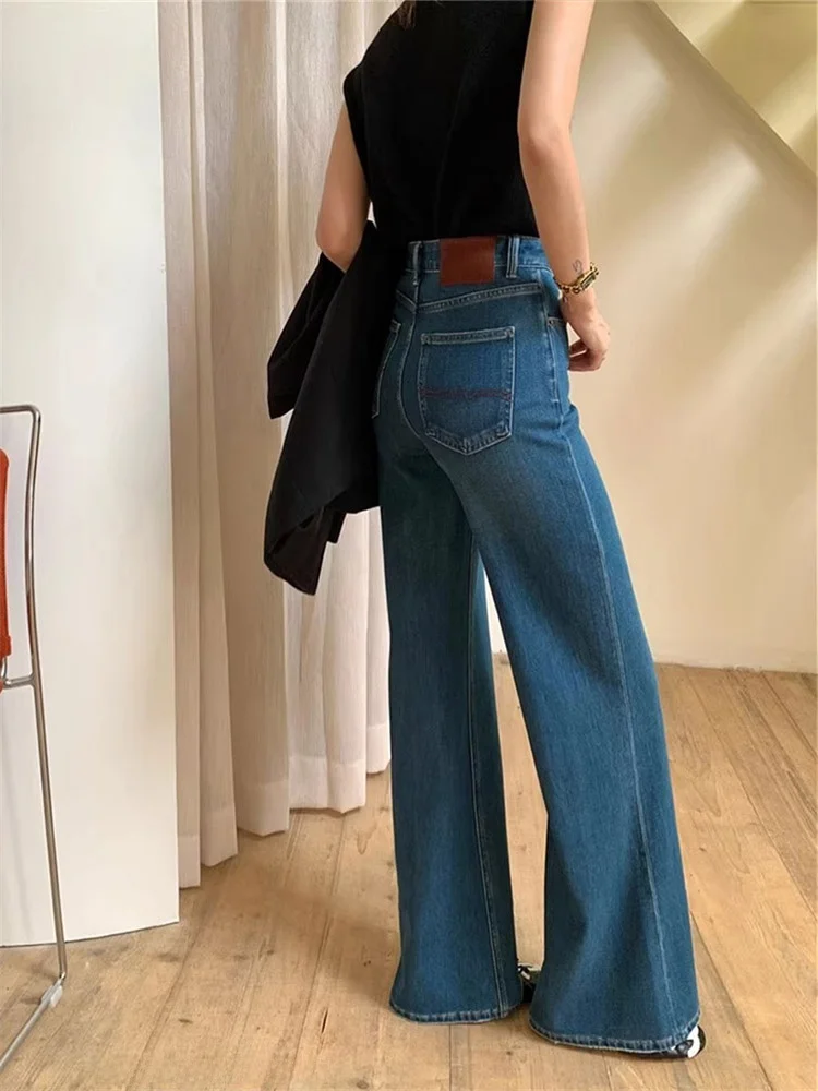 

Темно-синие расклешенные джинсы с высокой талией, женские свободные джинсы с талией, утягивающие драпированные повседневные брюки-колокольчик длиной до пола, осенняя одежда