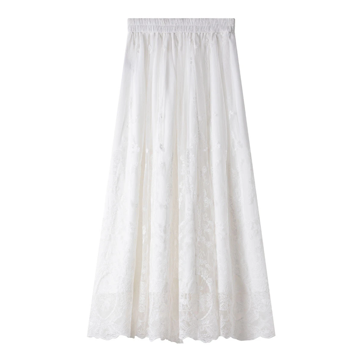 VIMLY Korean Fashion White Lace Skirt Women 2025 Summer Hollowed-out Lace 2025 Elegant Lady High Waist Swing Long Skirt A1392