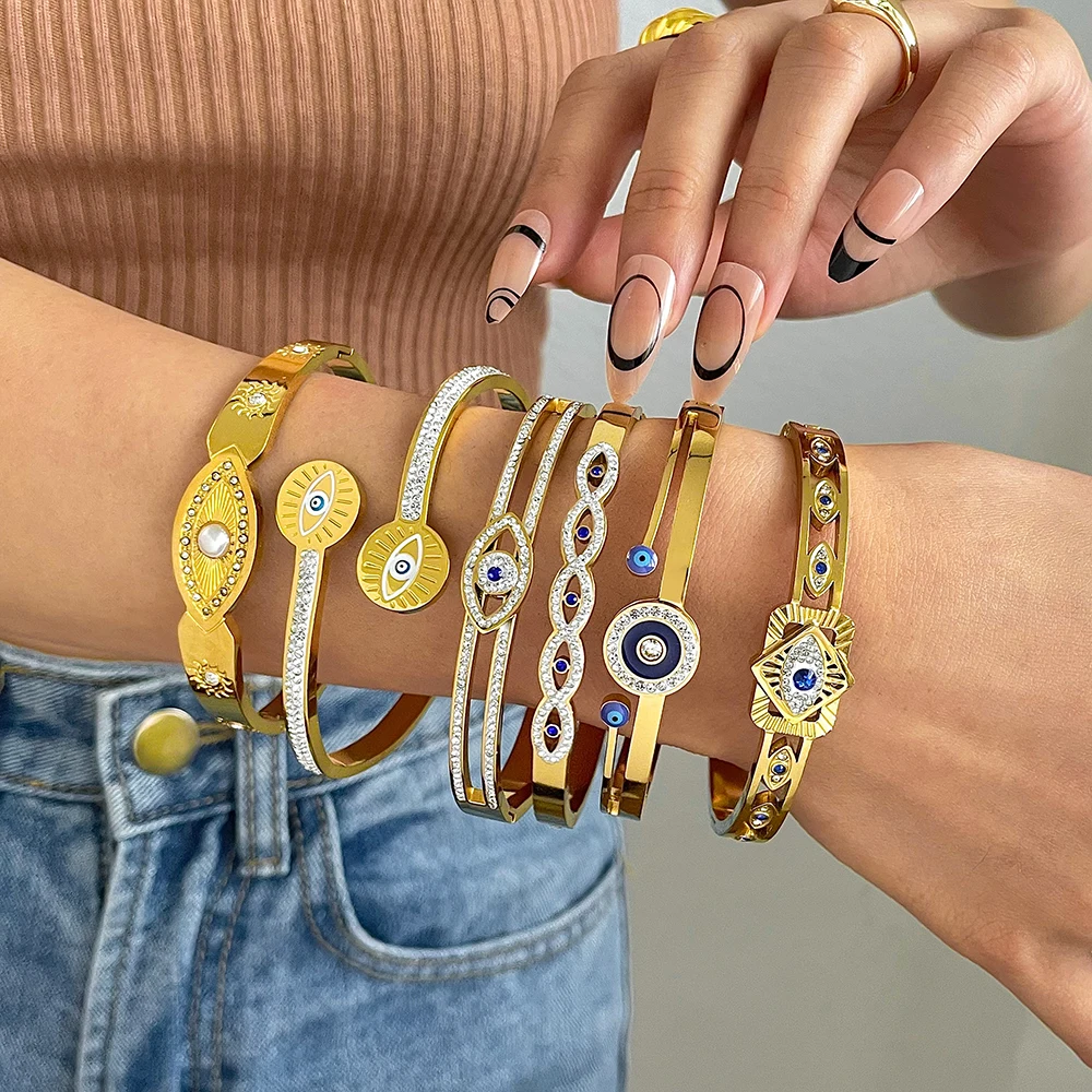 Evil Eye Stainless Steel Charm Bracelet, Rhinestone