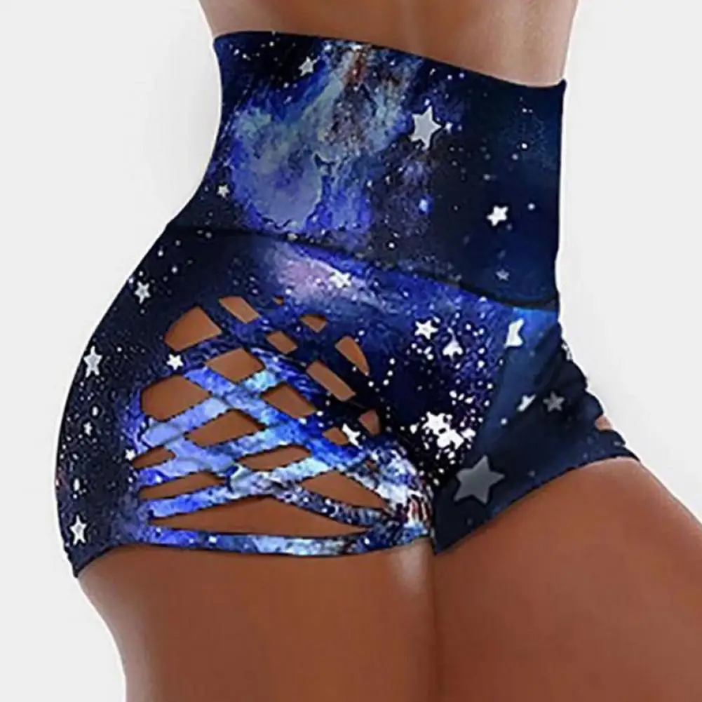 Yoga Shorts Hollow Out Wide Elastic Waistband Hip Lifting Tight Shorts Leopard Print High-Waist Sweatpants Gym Clothing