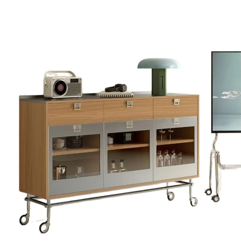 Stainless steel glass side cabinets, multi-layer solid wood living room with wheels, lockers