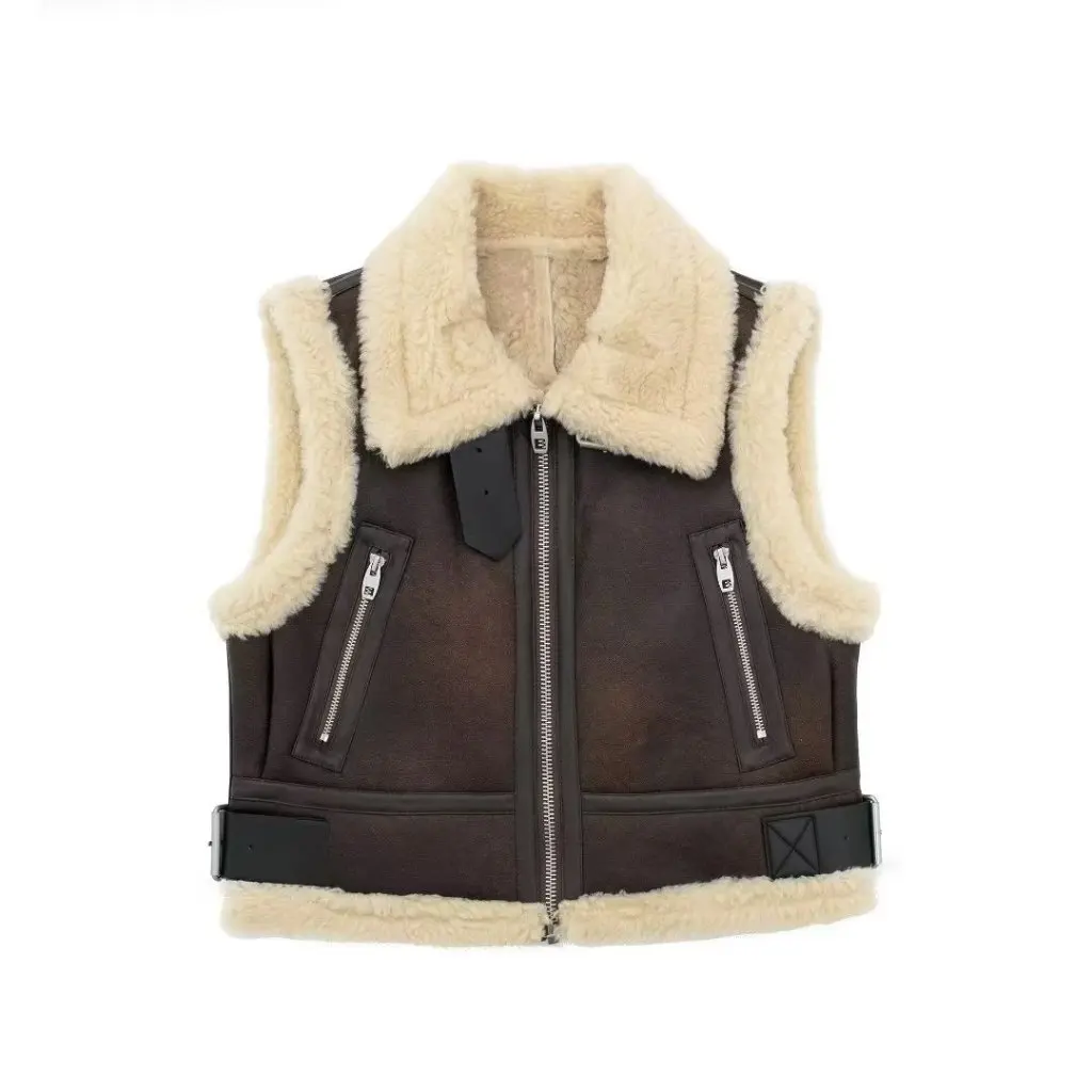 

Women's Sleeveless Suede Lambswool Vest Coat Lapel Style Winter Fashion European American Trendy Top for Ladies