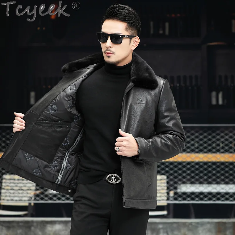 Tcyeek Real Leather Jacket Men Rabbit Fur Coat Winter Clothes Sheepskin Real Fur Coats Warm Mink Fur Collar 2024 Куртка Мужская