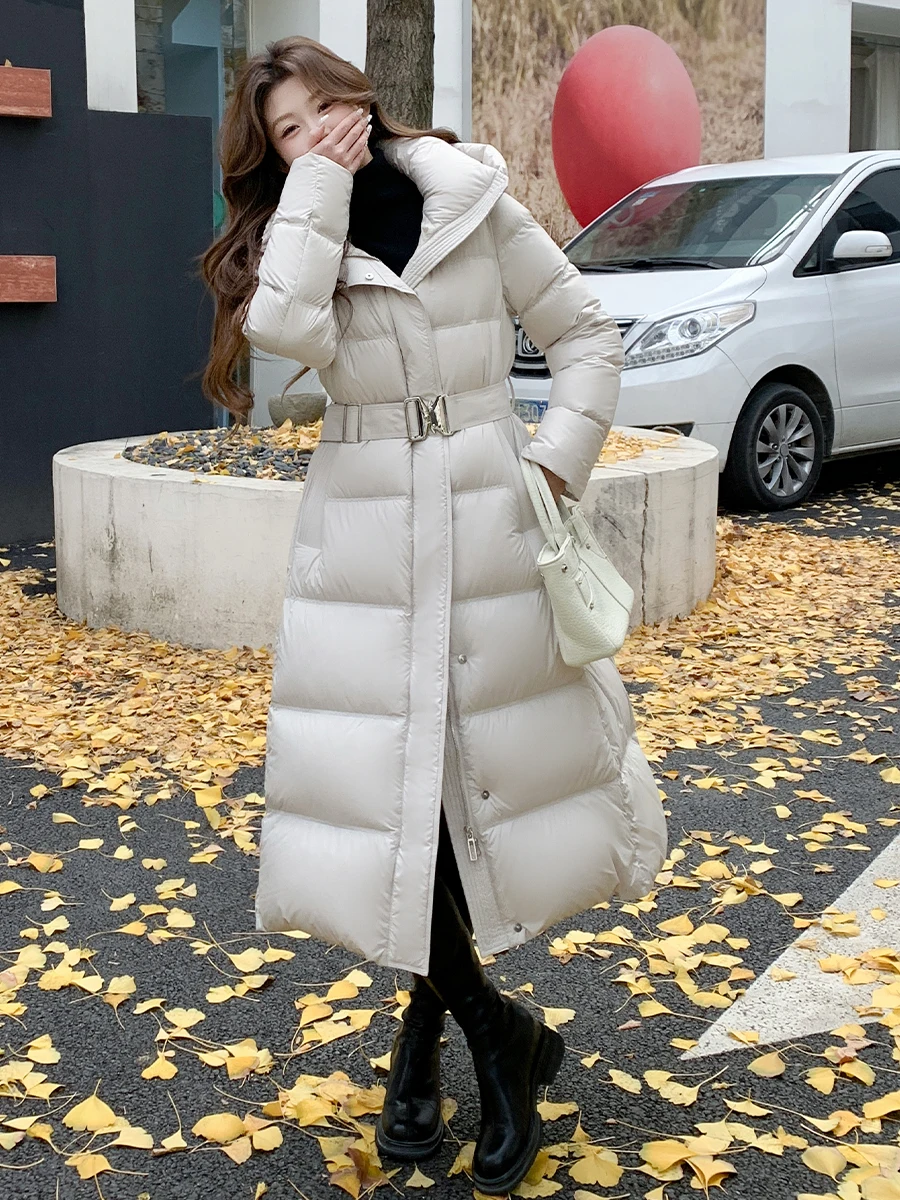 

Женская ультратонкая пуховая куртка в корейском стиле с поясом, утепленная, средней длины, с 90% белого пуха, теплая зимняя куртка