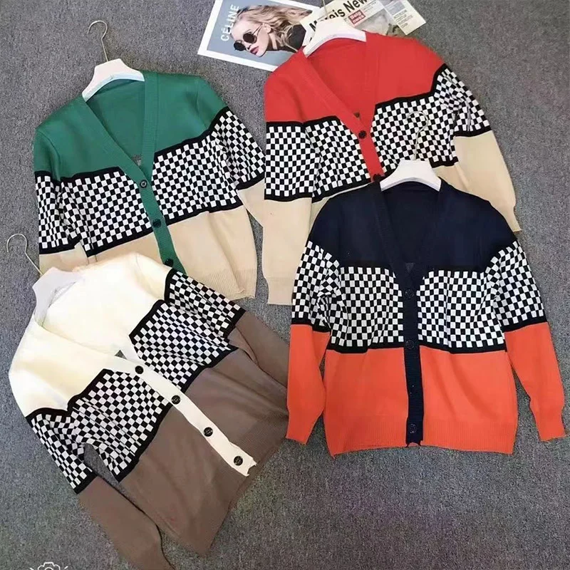 Jesień Zima Moda Szykowny Krótki Styl Dzianinowy Kardigan Kobiety Vintage Dojazdy Luźne Dzianiny Topy Plaid Swetry z dekoltem w szpic