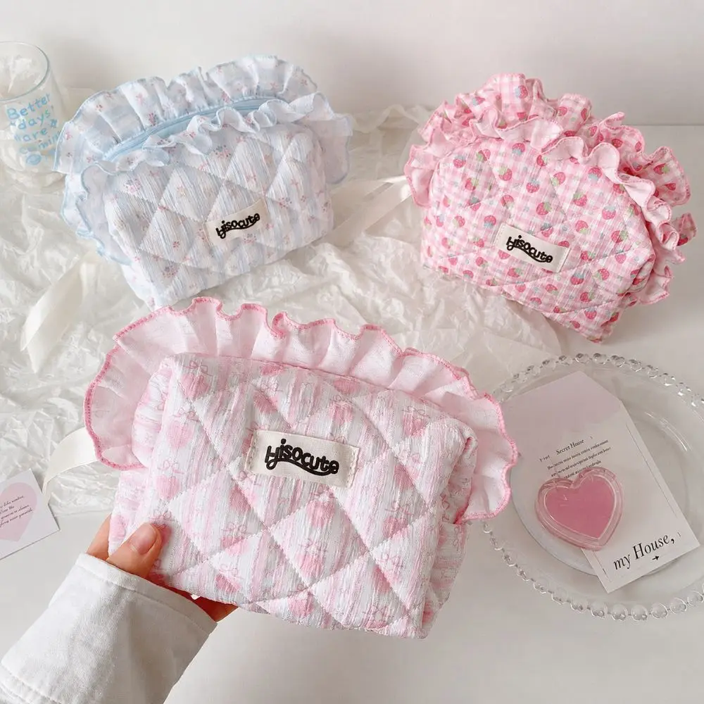 Multi-Use Ruffle Lace Makeup Bag Floral Print Large Capacity Toiletry Bag Portable Makeup Organizer Women Girls