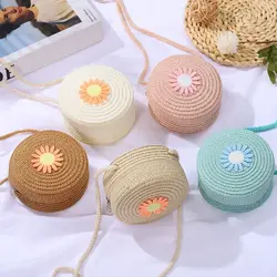Mini Round Straw Bag Woven Crossbody Beach Bag for Ladies Cute Rattan Handmade Knitted Shoulder Bag Candy Color Small Handbag