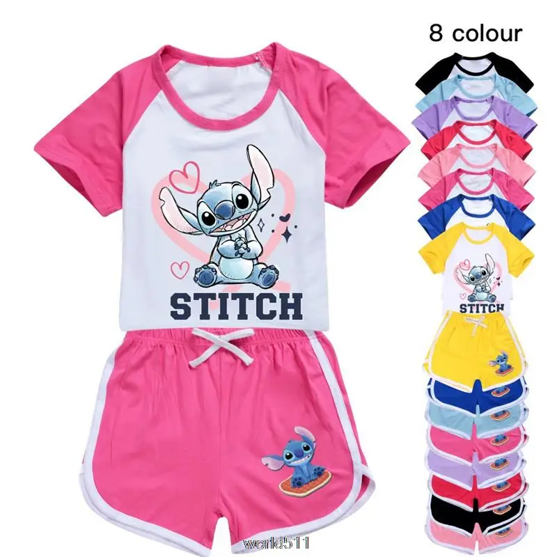 Lilo And Stitch Pajamas Summer Print T Shirt Shorts Set Kids Girls Cute Cotton Sleepwear Baby Children Home Sleep Wear Clothes