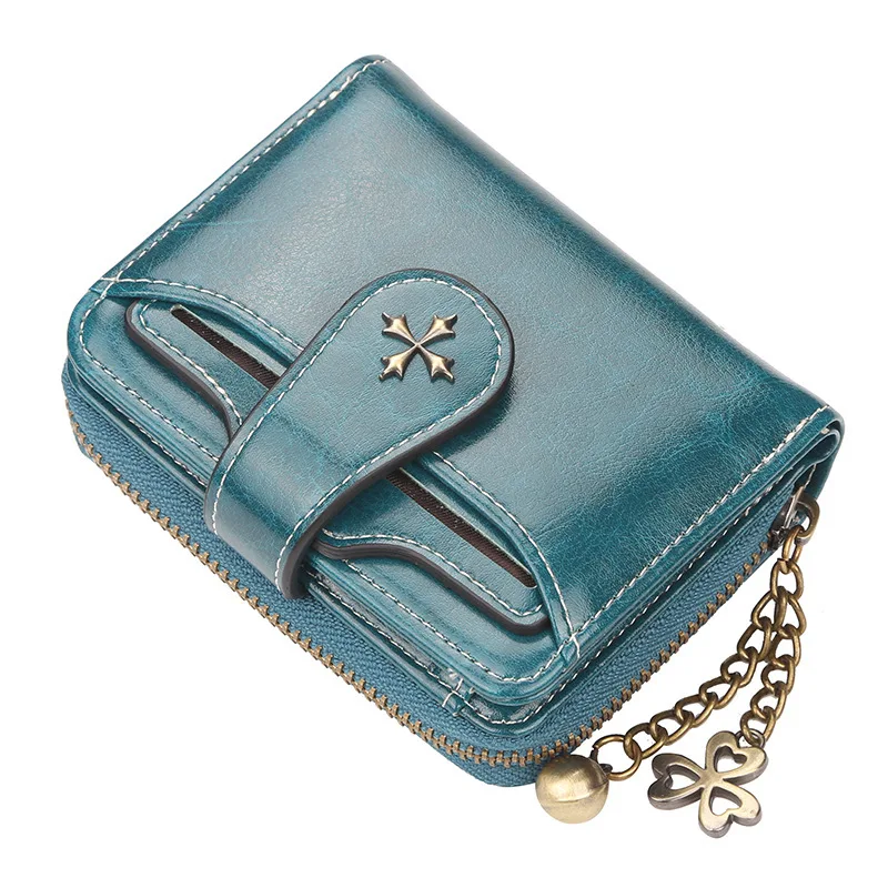 New Women Wallets And Purses PU Leather Money Bag Female Short Purse Small Coin Card Holders Women Wallet With Metal Chain