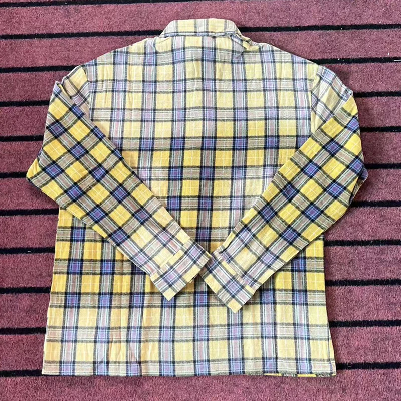 Streetwear Vintage Yellow Plaid Rhinestone VALLEY Shirt Yellow Blue Tartan Pearl Buttons Collar Loose Casual Couple Men's Shirts