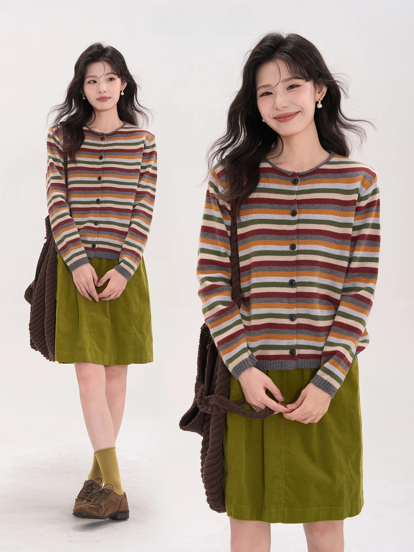 

Вязаный кардиган Heme для женщин, с круглым вырезом, приталенный, в полоску, корейский стиль, из полиэфирного волокна, с длинными рукавами, осенняя мода