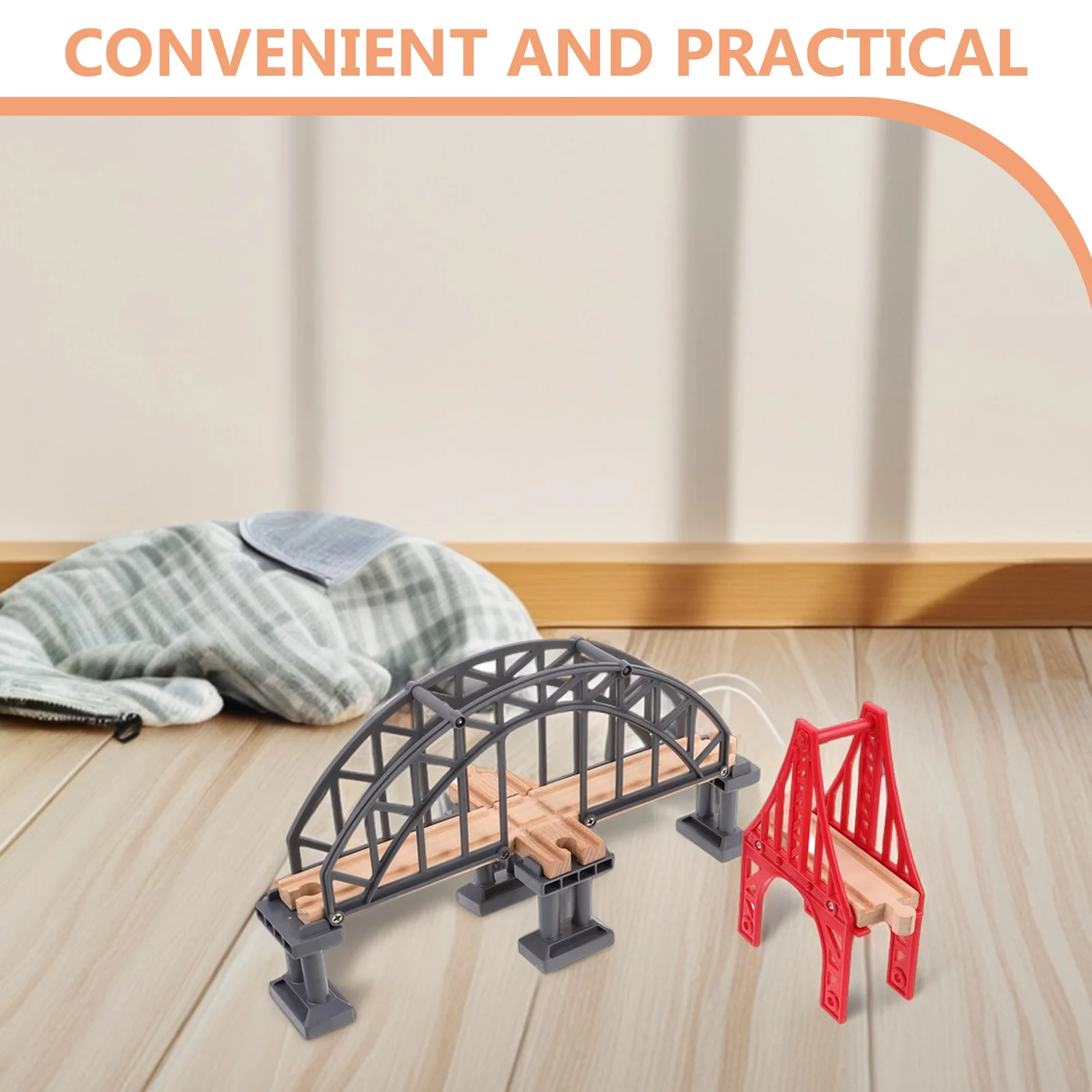 2Pcs Wooden Train Track Suspension Bridge Railway Bridge Scene Layout Expansion Accessory Support Play Learning Simulation