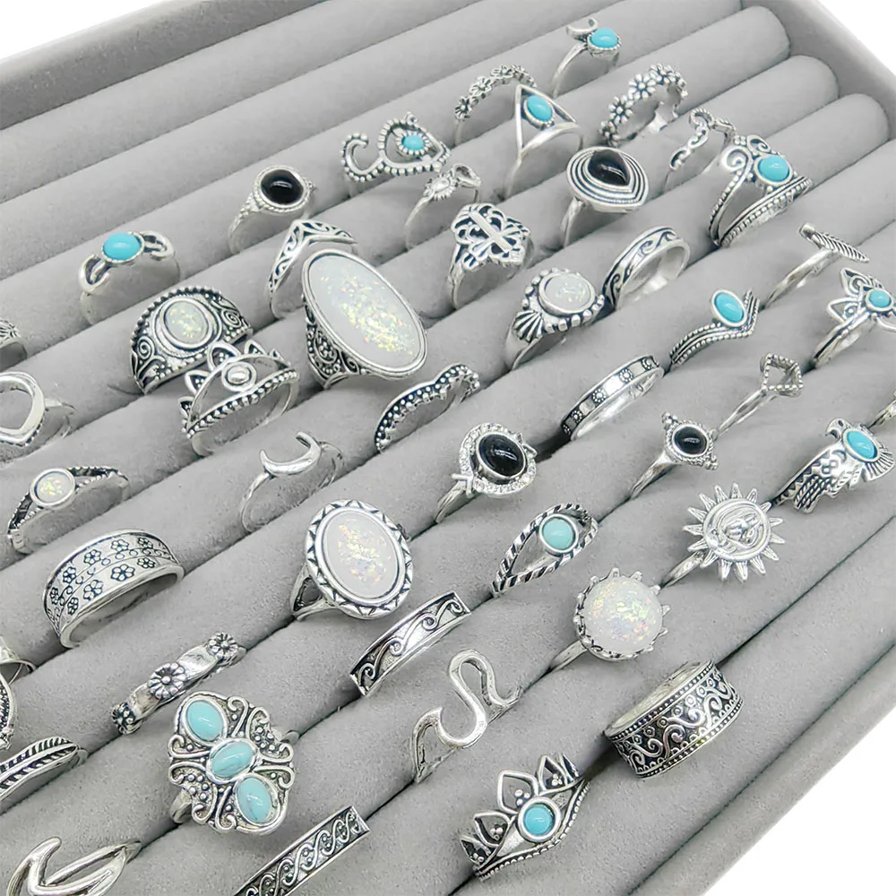 50pcs/lot Wholesale Mix Style Vintage Bohemia Blue Stone Rings For Women Opal Black Acrylic Flower Design Finger Jewelry Party