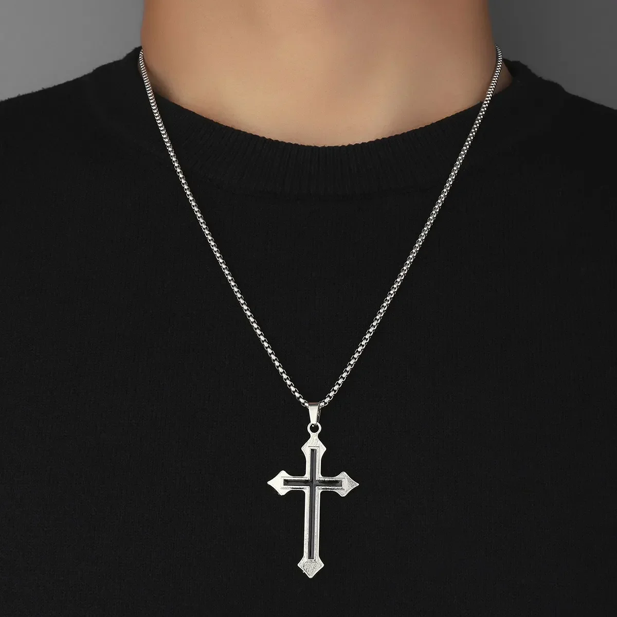 Antique Jesus Cross Never Fade Stainless Steel Chain Screw Man Necklace Bling Two Tone Pendant Street Hip Hop Male Jewelry