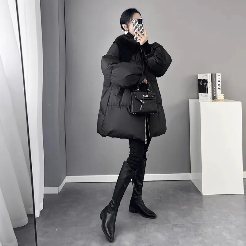 Black Lantern sleeved Down Jacket Women\'s 2024 Winter New Loose Thicken White duck down Coat Female Thicken Warm Parkas Overcoat