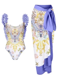 Roupa de banho feminina de peça única floral, saída de praia com decote em U, monokini sem costas, vestido luxuoso, roupas de praia, 2023