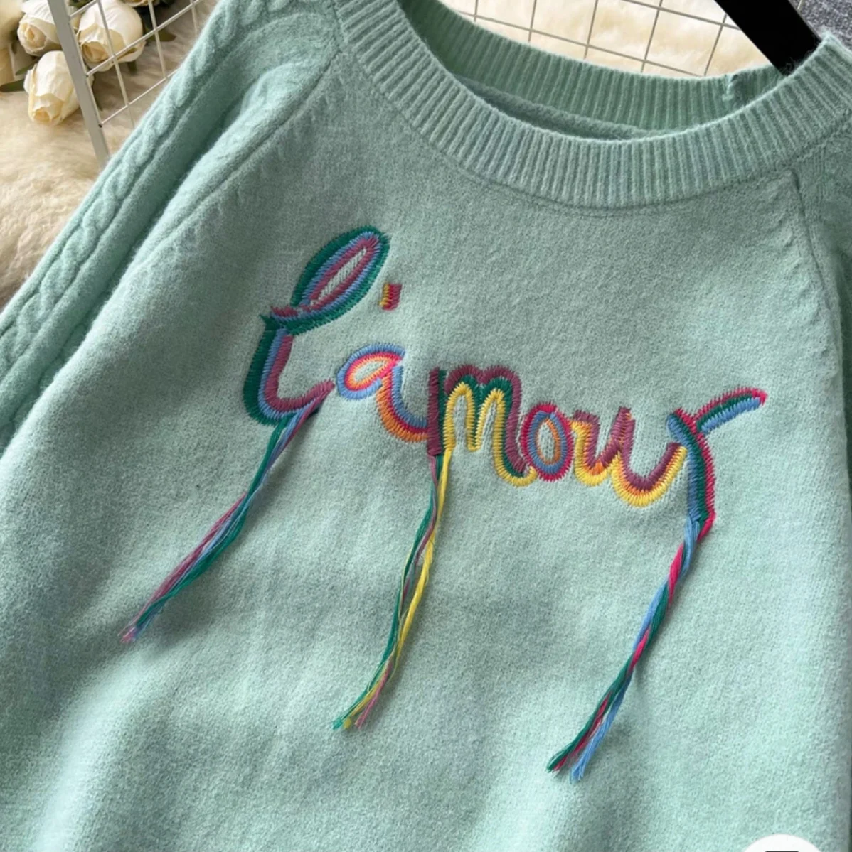 Korea Fashion Tassel Embroidery Oversized Sweater Women Autumn Casual O-neck Knitted Tops Commute Loose Pullovers Jumper