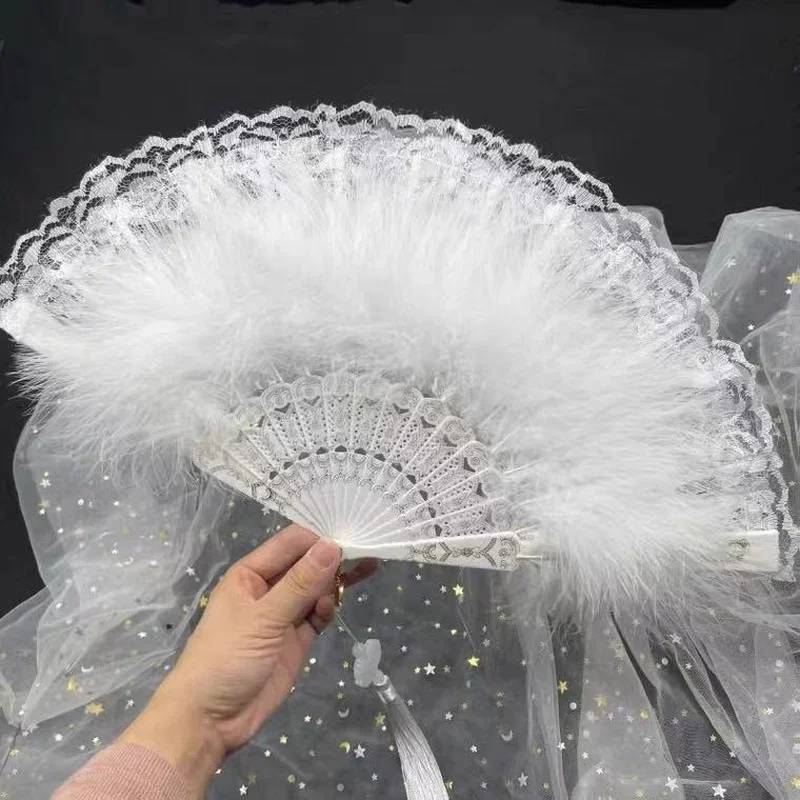 Feather Fans Bloem Lace Trim Fan Opvouwbare Handheld voor Vrouwen Hand Craft Halloween Kerstmis