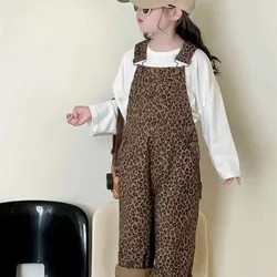 Kids Pants Girls Leopard Print Overalls Spring Autumn Pants Korean Childrens Wide Leg Pants Set  New 2024 Autumn Simple