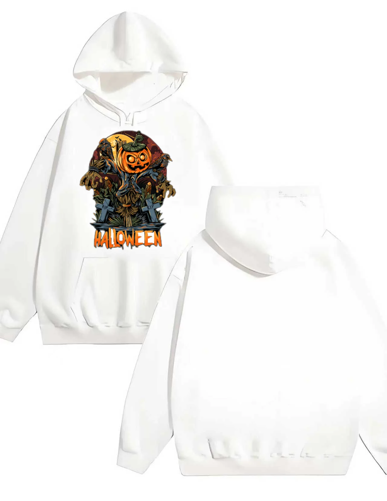 Sweater hoodie kasual longgar motif labu jahat Halloween trendi 2025 dengan desain personalisasi, bahan tebal 330G