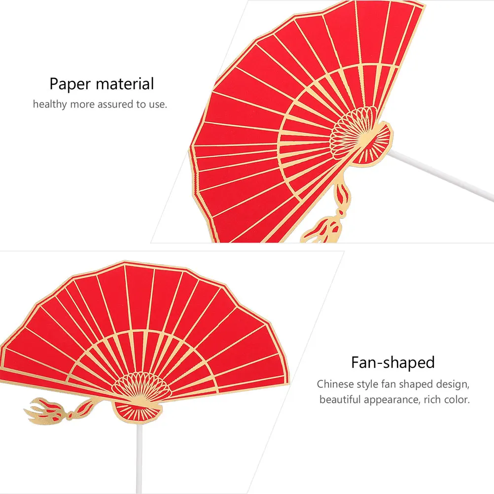 

5Sets Chinese Style Fan Cake Toppers Plastic Paper Material Birthday Cake Decorations Three Dimensional Hollow Carving Picks