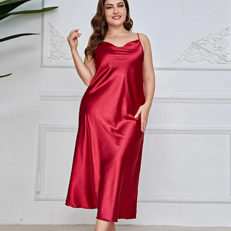 

2025 New Women's Fashionable Sexy Plus Size 2XL Long Silk-Like Sling Nightgown Breathable Casual Sleepwear Loungewear
