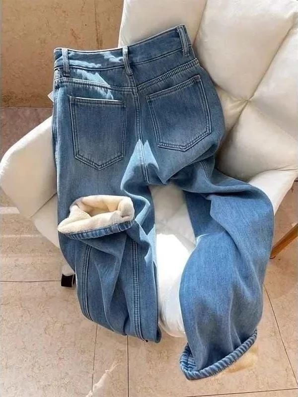 

Winter Thiened High Waist Straight Leg Jeans Women's Cleanfit Sle Casual Pants mid Low Waist PVC Material Other Material