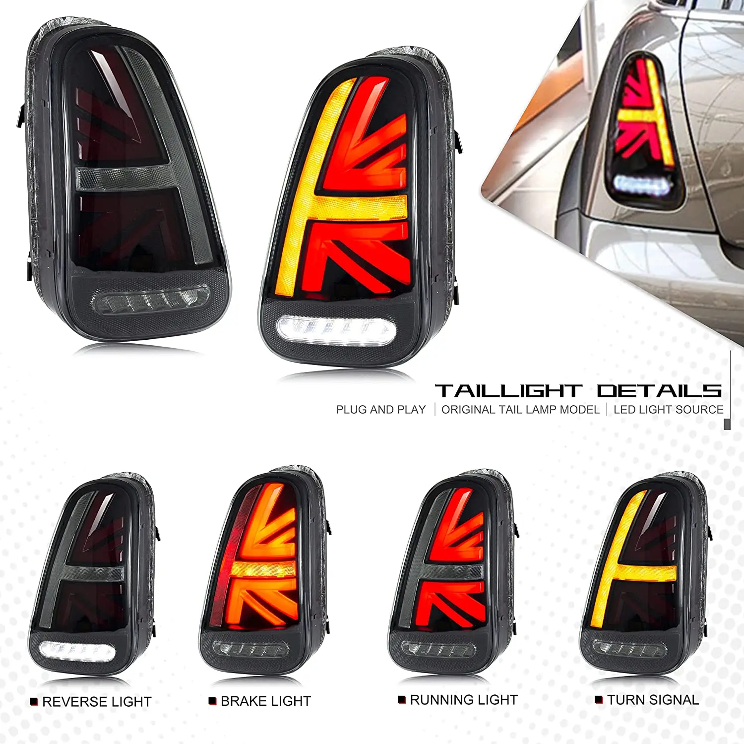 LED Union Jack Tail Lights for BMW MINI Cooper 2001-2007 R50 R51 R52 R53 1st GEN Hatchback/Convertible Sequential Indicator Lamp