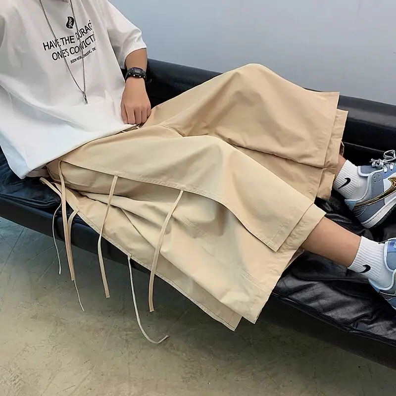 Men Japanese Yamamoto Style Loose Pants Fake 2-piece Design Side Drawstring Trousers Ins Cityboy Hip Hop Cargo Wide Leg Pants