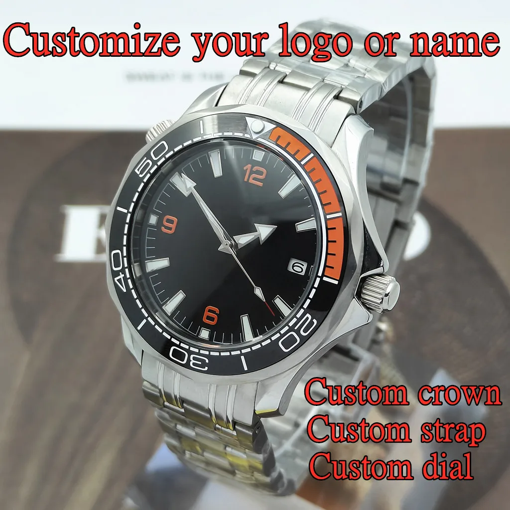 

Мужские дайверские часы с индивидуальным логотипом, 41 мм, автоматический механизм NH35, керамический безель, сферическое сапфировое стекло, светящиеся стрелки, водонепроницаемость 100 м, прочная сталь