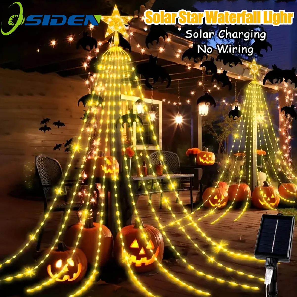 ضوء عيد الميلاد بالطاقة الشمسية، سلسلة أضواء الهالوين، نجمة خماسية، شلال، شجرة عيد الميلاد، إضاءة زخرفية للعطلات #1
