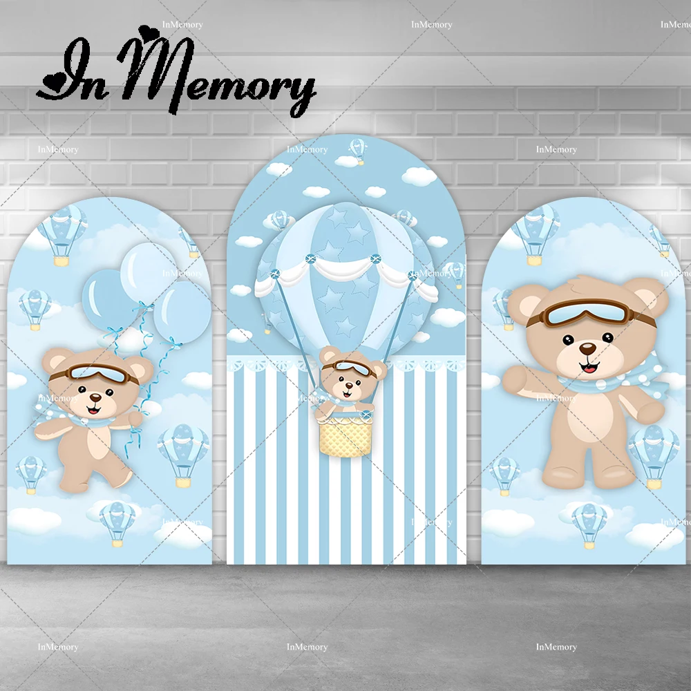 

Sky Blue Clouds Hot Air Balloons Bear Chiara Arch Backdrop Cover for Boys Baby Shower Newborn 1st Birthday Party Backgrounds