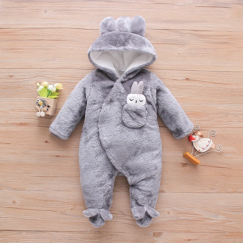 PatPat Winter Baby Clothes Baby Girls Baby Boys Unisex Solid Fleece Rabbit Hooded Footed / Footie Long-sleeve Baby Jumpsuit