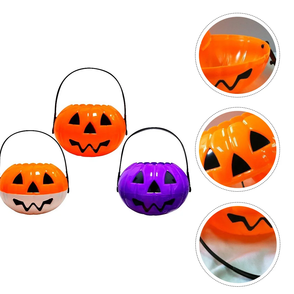 

3 Pcs Two Halves Disassemble Pail Decoration Props Candy Holders Pumpkin Buckets Halloween for Portable Plastic Child